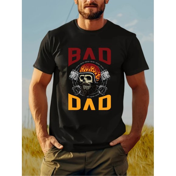T-shirt Graphique pour Homme Bad Dad - 100 % Coton, Respirant et Élégant, Noir avec Imprimé Rouge et Jaune, Col Rond Décontracté Court