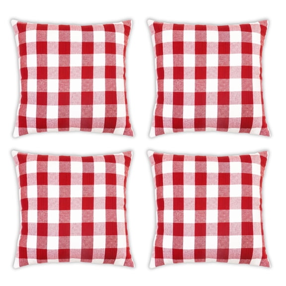 PurpleEssences Pack of 4 Decorative Throw Pillowcase Buffalo Checked Cushion Case for Sofa Car Bedroom - 18x18 Inch - Red and White