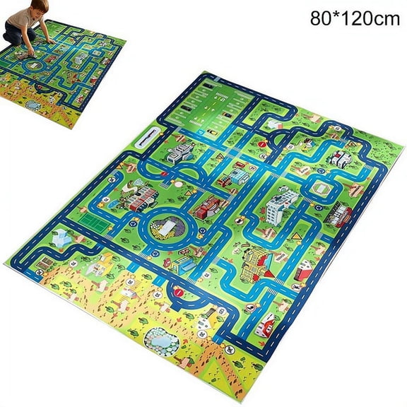 Non Slip Kids Car Rug Playmat with City Road Map Design, Soft Polyester Carpet for Toy Cars, Educational Washable Play Mat for Bedroom Playroom