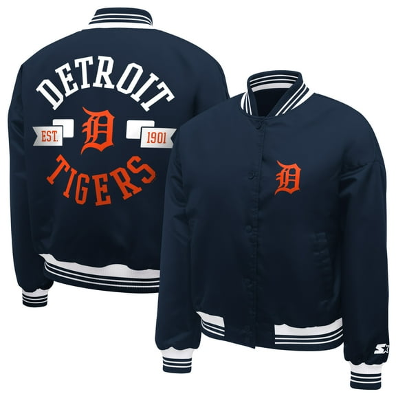 Women's Starter  Navy Detroit Tigers Printed Logo Cropped Satin Varsity Full-Snap Jacket