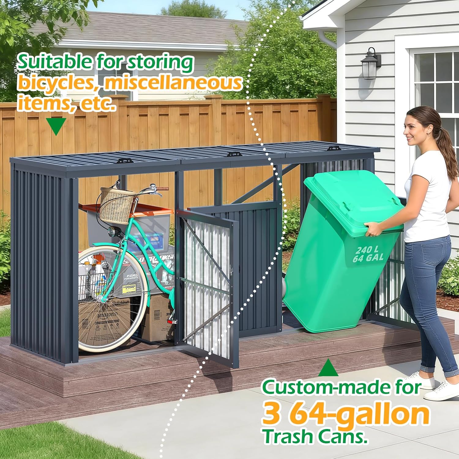 AECOJOY 77 CU.FT Outdoor Trash Can Storage Shed, Metal Garbage Storage Shed for 3 Trash Cans, Heavy Duty Cabinet Waterproof for Garden, Backyard, Lawn and Patio