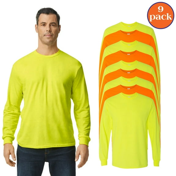 Gildan Men's Hi Vis Work Wear, Long Sleeve Outdoor Work Safety Shirt, Orange & Green, Pack 9, S