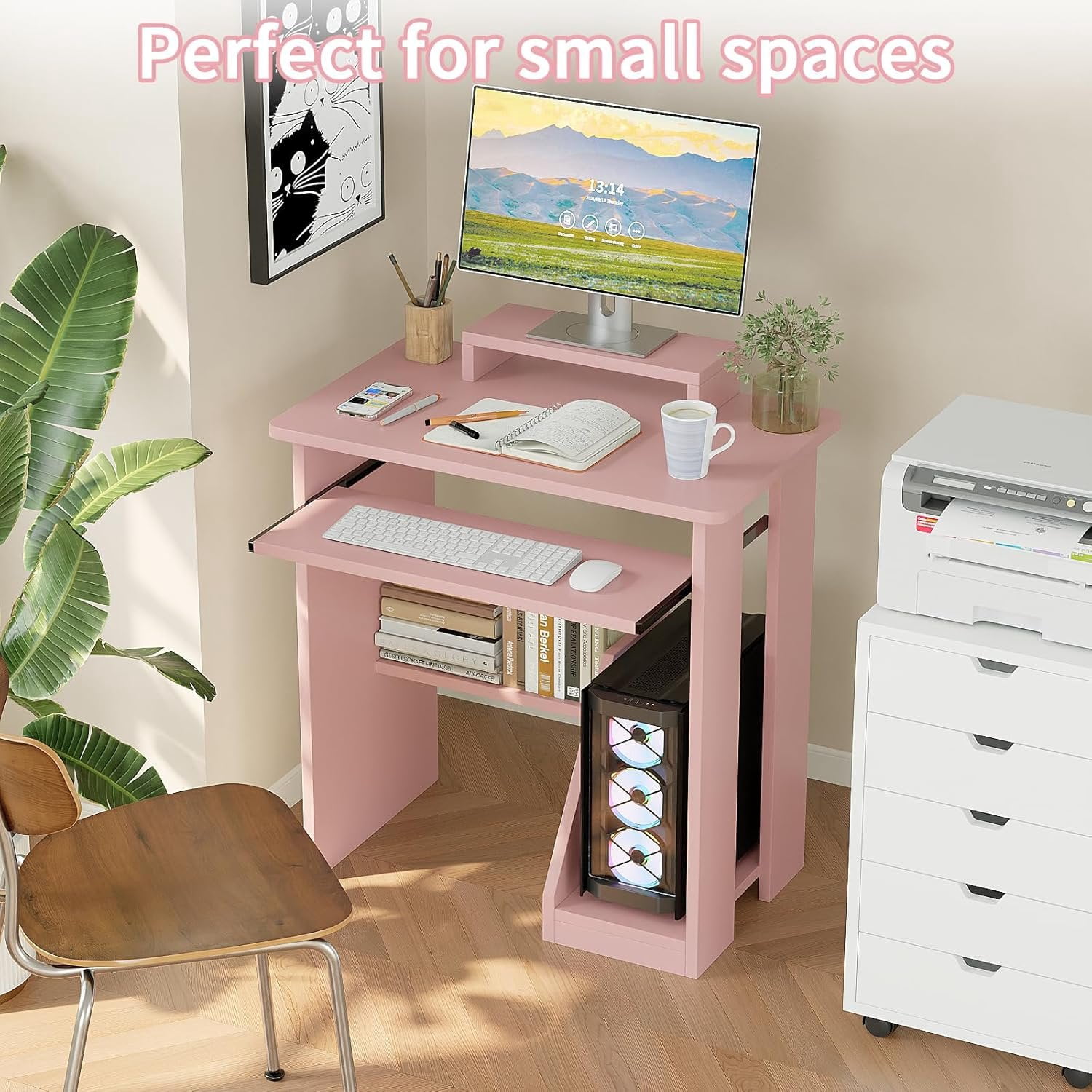 30" Small  Desk with Keyboard Tray  Stand, Study Writing Desk with Storage Shelves, Modern Workstation for Small Spaces, Save Space,