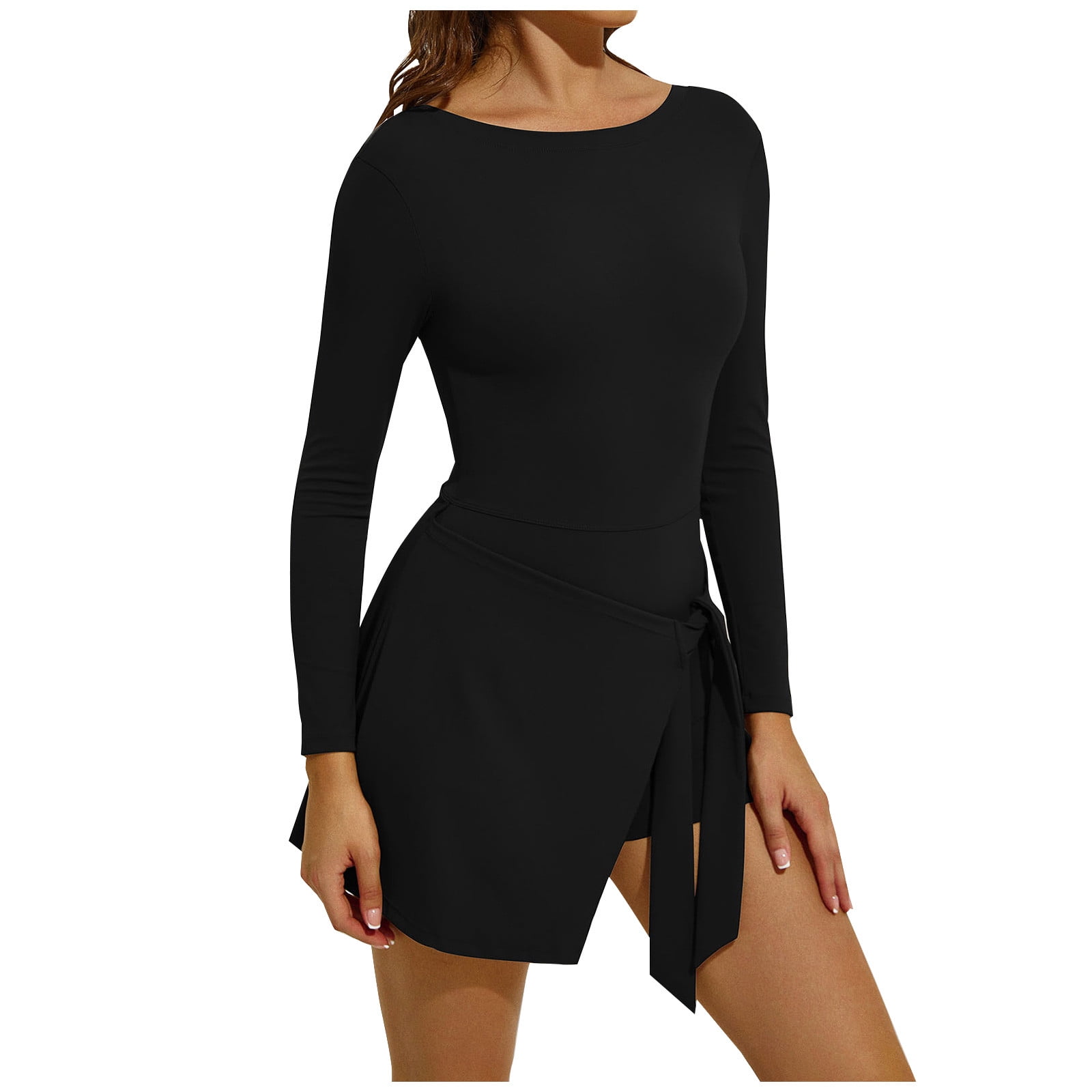 Eiyaclvo Womens Tennis Dress Long Sleeve Boat Neck Wrap Skirt Built in Shorts Golf Athletic Dress Workout Slim Fit Bodycon Tennis Dresses