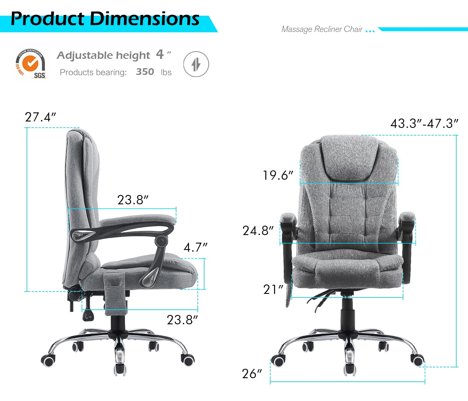 AECOJOY Office Chair with 7 Points Massage&Heat Function,Comfy Executive Office Chair High Back Office Chair Reclining Swivel Home Office Chair Leather Computer Chair, Grey