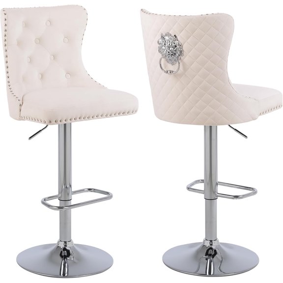 Velvet Bar Stool Set of 2 with Lion Pull Ring, Cream