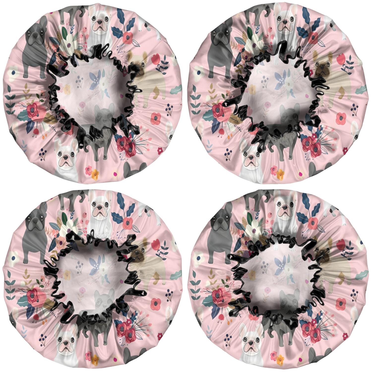 Shower Caps,French Bulldog Dog Pattern with Pioneer Flower Waterproof Shower Cap for Women 4 Pieces,Double Reusable Hair Cover for Shower PEVA Elastic Stretch Hem