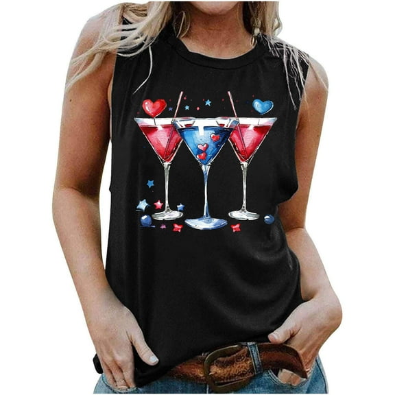 Qetyuw 4th of July Tank Tops for Women Patriotic Red White and Blue Print Tshirts Loose Fit Sleeveless T-shirts Camisole Classic Round Neck Tanks Plus size Blouses for Women
