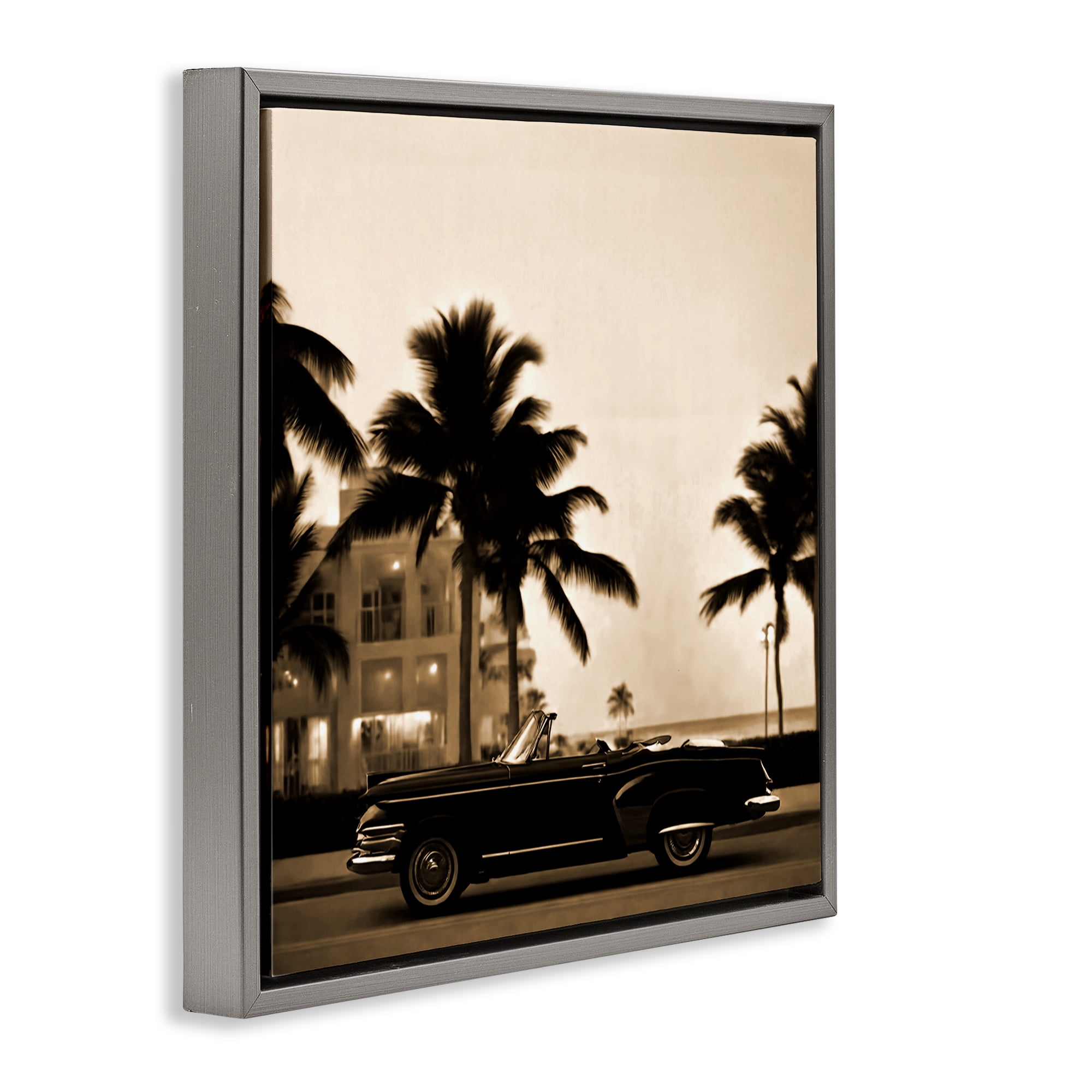 Stupell Industries Classic Black Car & Palms Transportation Painting Gray Floater Framed Canvas Art Print Wall Art, 18 x 18