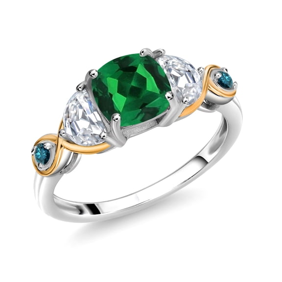 Gem Stone King 925 Silver and 10K Yellow Gold 3-Stone Ring Cushion Nano Emerald Half Moon Moissanite and Blue Diamond (1.67 Carat Cttw) (Size 5)