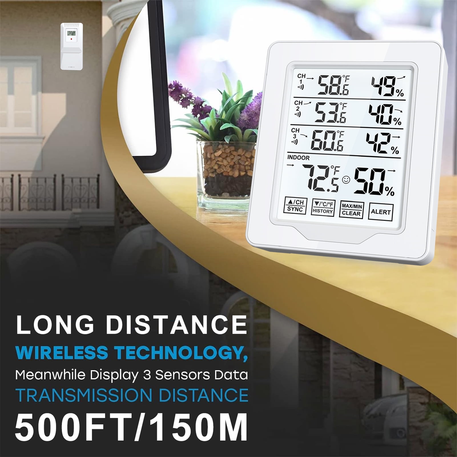 Indoor Outdoor Thermometer and Humidity Monitor 500ft/150m Range with 3 Remote Sensors and White Backlight Hygrometer Thermometer