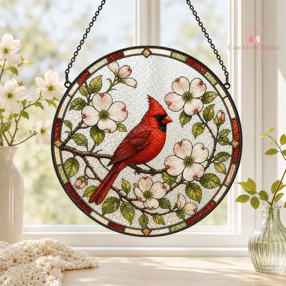 Cardinal Stained Glass Suncatcher with Dogwood Flowers, Bird Lover Gift for Window