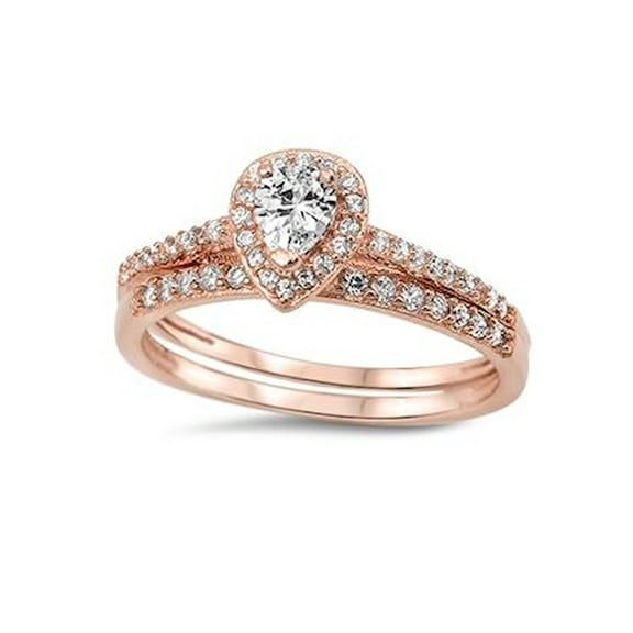 Enchanted Elegance: 1.50ct Rose Gold Plated Sterling Silver Halo Design Pear Shaped CZ Wedding Ring Set
