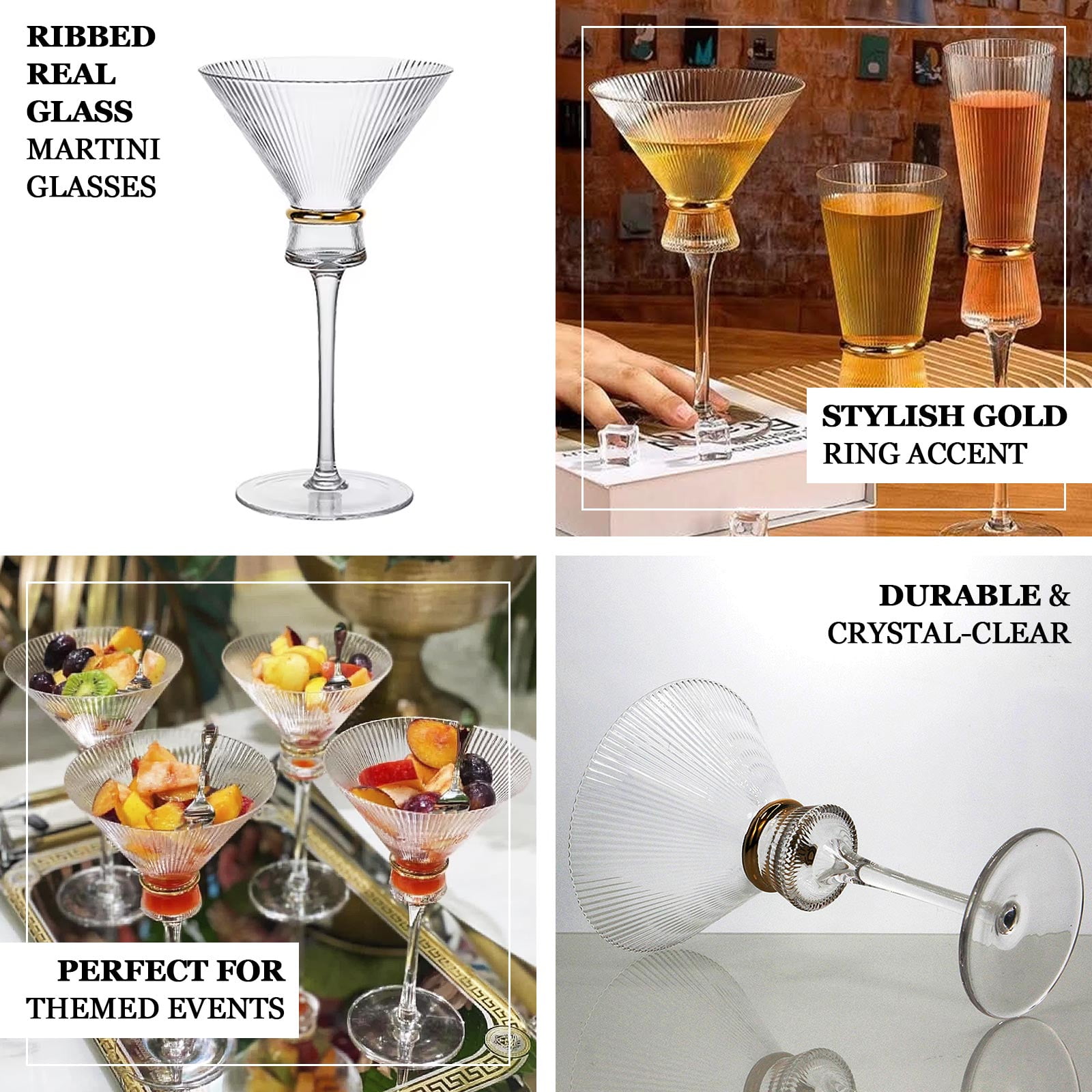 Efavormart 6-Pack Martini Glasses – 10oz Real Glass, Clear Ribbed Design with Gold Ring Accent, Elegant Cocktail Glasses for Martinis & Cosmopolitans – 8" Tall