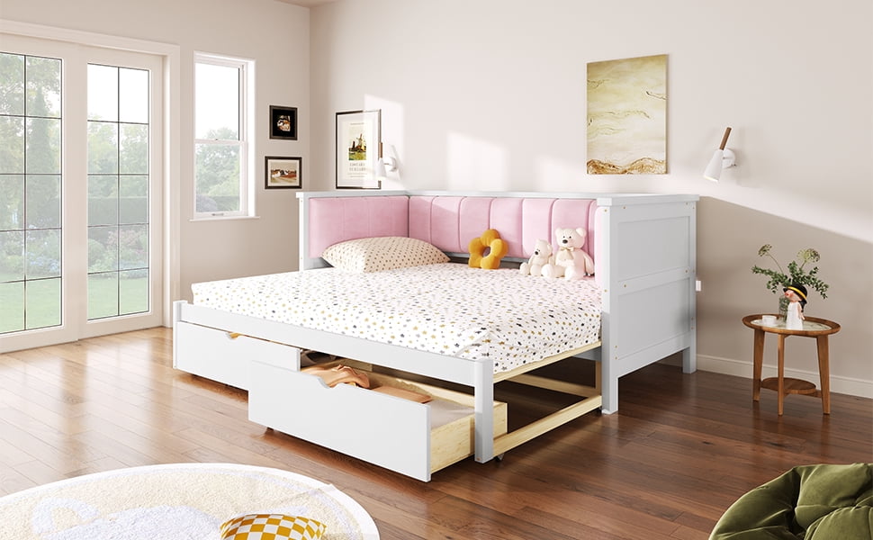 Mintazer Twin XL to King Daybed with Pink Upholstered Backrest & Storage Drawers, White