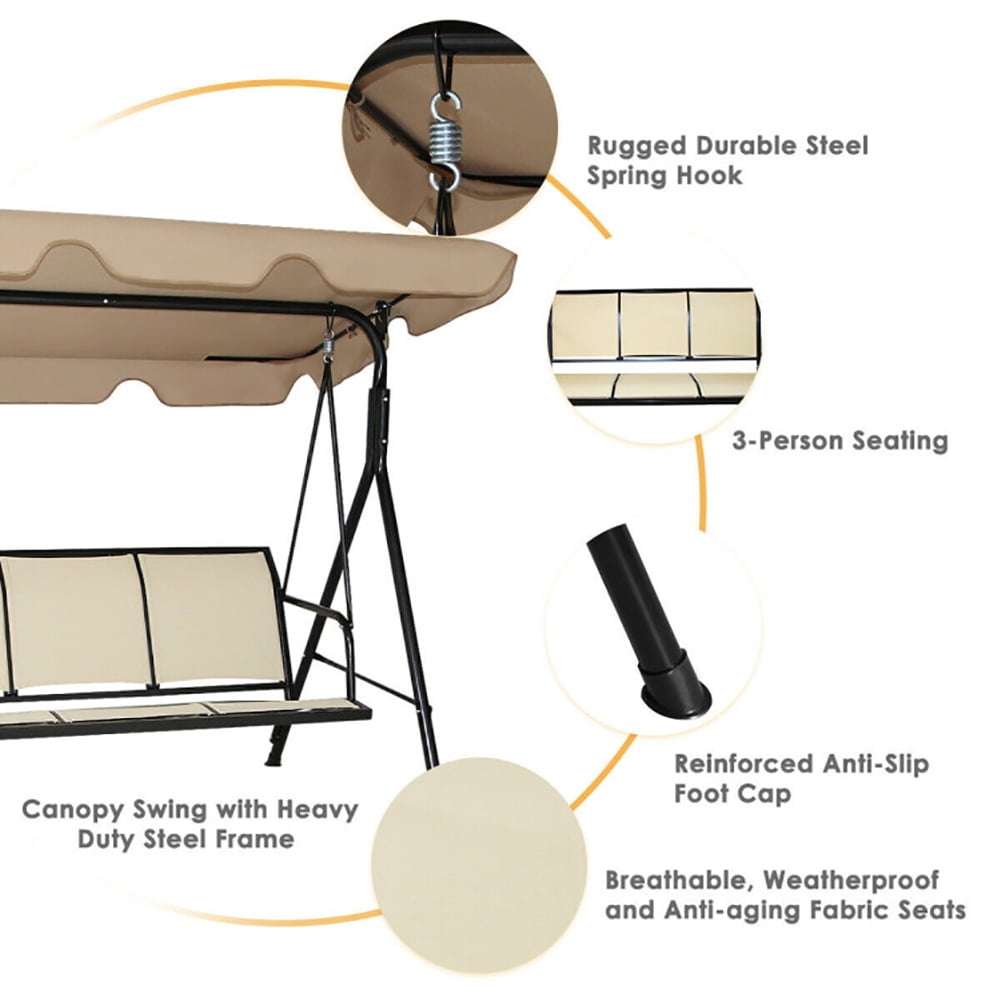 Aimee Lii 3 Person Steel Frame Patio Swing with Polyester Angle and Adjustable Canopy, Outdoor Swing Chair, Brown Aimee Lii 3 Person Steel Frame Patio Swing with Polyester Angle and Adjustable Canopy, Outdoor Swing Chair, Brown