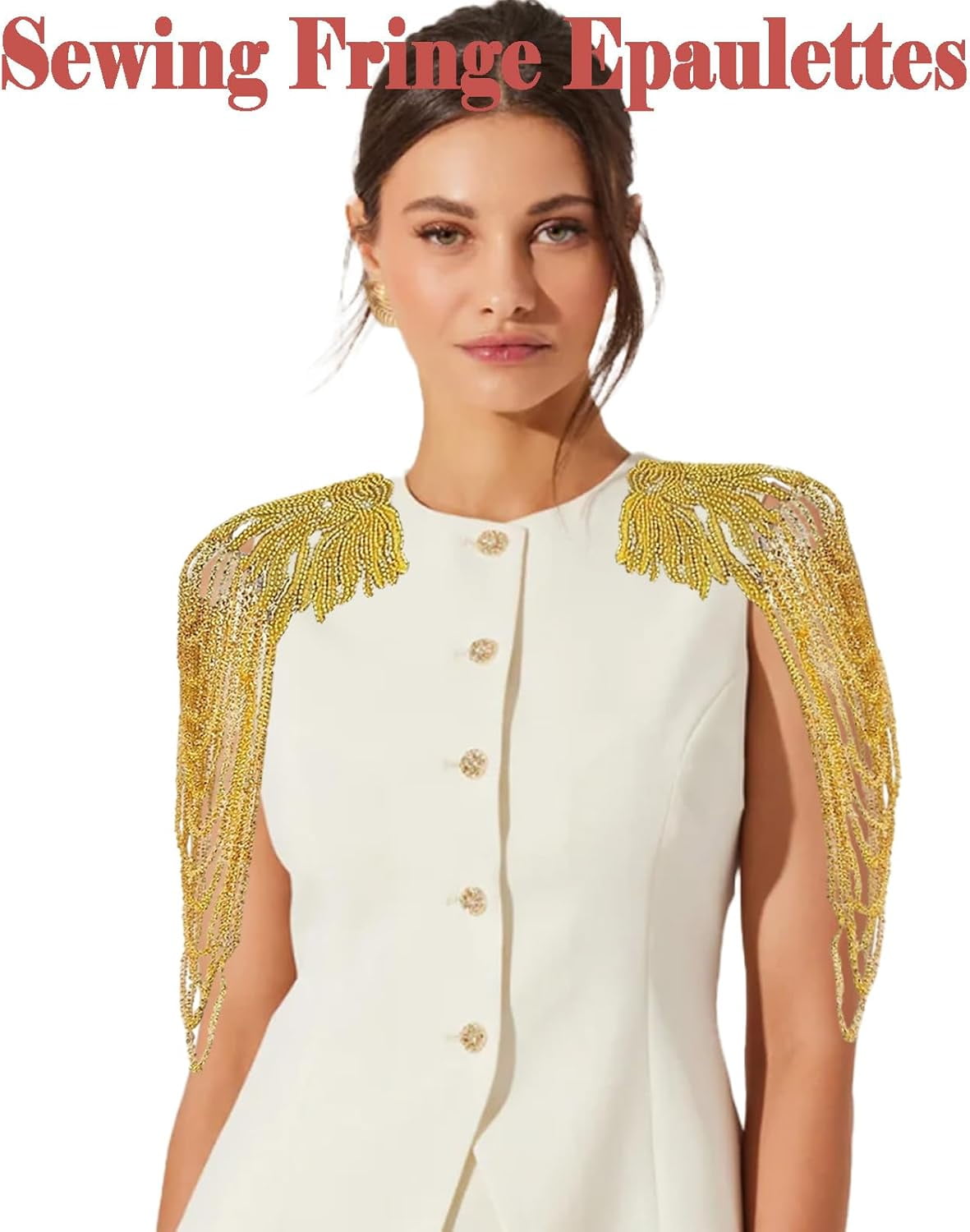 ABPETE 1 Pair Handmade Rhinestone Applique for Clothes, Sparkle Crystal Sewing Patches for Wedding Dress, Glass Beads Fringe Epaulettes for Shoulder Bodice Jacket Party Embellishment (Gold)