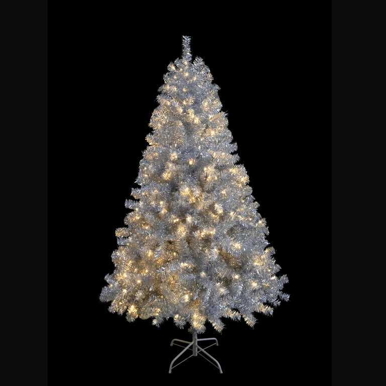 6ft Pre-Lit Silver Tinsel Christmas Tree – 230 Warm White LED Lights, 553 Branch Tips, Hinged Metal Stand For Easy Setup