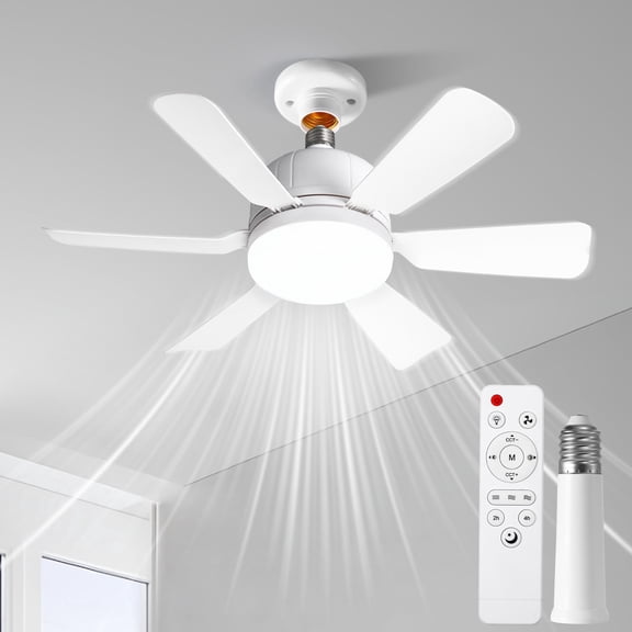 Ceiling Fan with Light and Remote, E27 Socket Fan Light, 3 Color Dimmable, Easy Install Replacement Fan Light, Six Blade, White, for Bedroom Kitchen Living Room Indoor