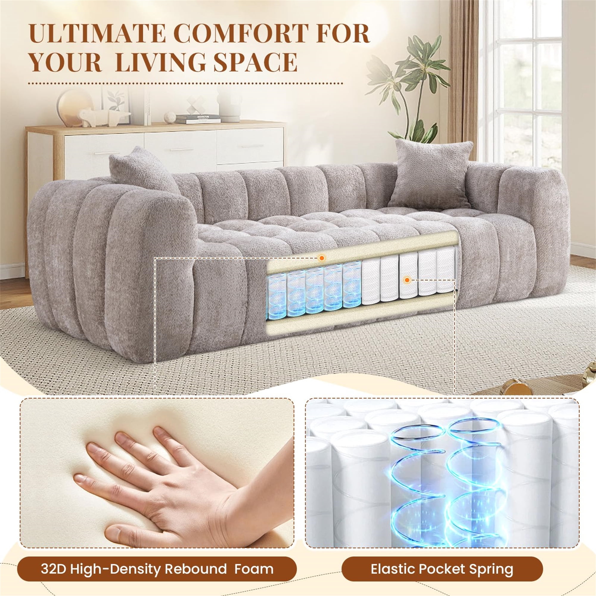 Aukfa 103" Oversized Boucle Cloud Sofa Deep Seat Boneless Couch with Square Tufted for Living Room, 2Pillows, Camel