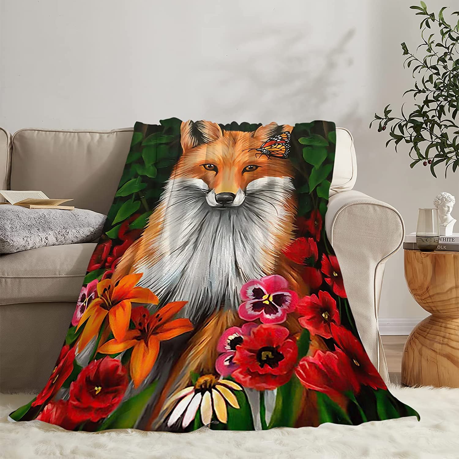 Fox Blanket Cute Fox Fleece Throw Blanket Super Soft Cozy Warm Fox Animal Flowers Plush Blanket Gifts for Girls Boys Kids Women 40