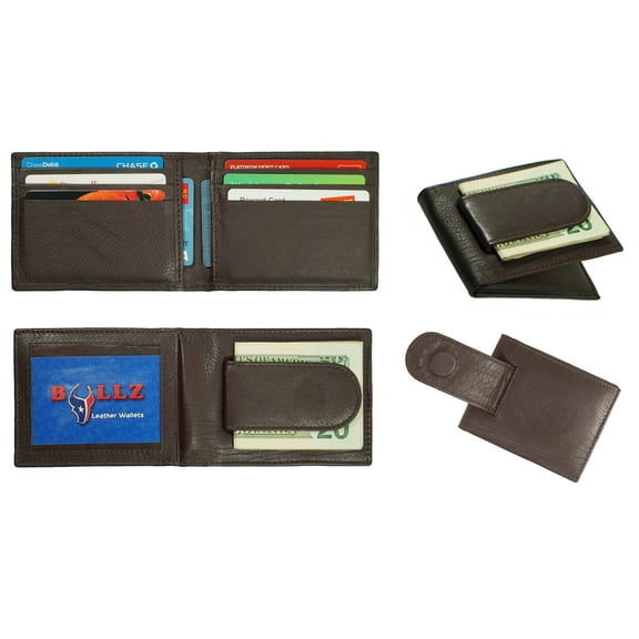 Bullz Mens Genuine Leather Bifold Minimalist Magnetic Money Clip Wallet Brown