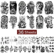 Yazhiji 36 Sheets Temporary Tattoos Stickers, 12 Sheets Fake Half Arm Chest Shoulder Tattoos for Men or Women with 24 Sheets Tiny Black Tattoos