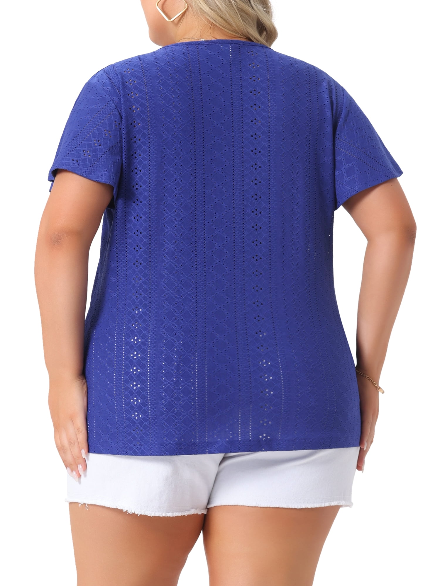 DARING DIVA Women's Plus V Neck Hollow Flare Short Sleeve Top 1X Royal Blue