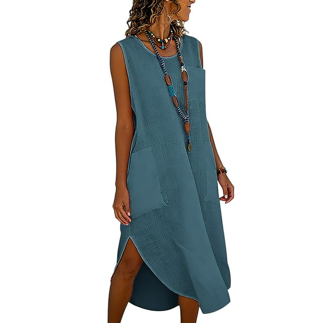 TaTaai Women Solid Color Sleeveless Turndown Collar Button Closure Cotton Linen Dress Casual Fashion Comfortable Long Dress for Summer Daily Vacation Gift