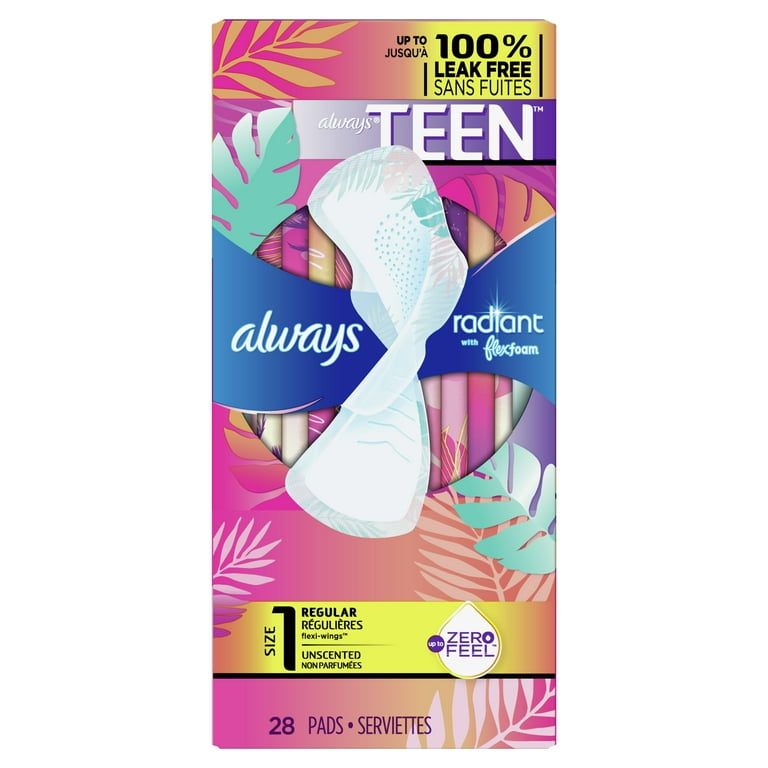 Always Radiant Teen Pads with Wings, Size 1, Regular Absorbency, 28 CT