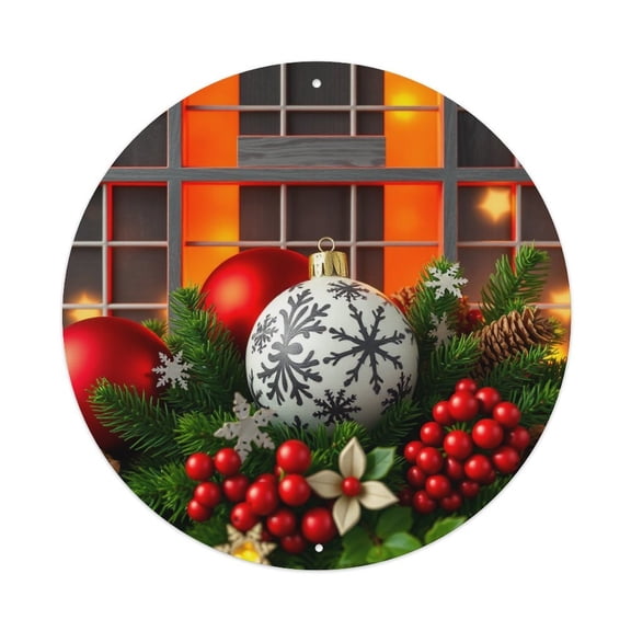 Christmas Ornaments Pine7.9x7.9in Round Aluminum Plaque Wall Art, UV Printed Vintage Metal Sign with Pre-Drilled Holes for Home Bar Garage Cafe Decor
