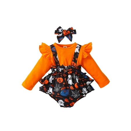 

Infant Baby Girls Halloween Outfit Long Sleeve Romper Dress Patchwork Pumpkin Jumpsuit Skirts with Hairband