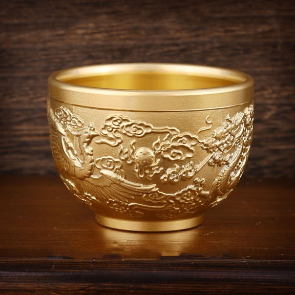 Traditional Carved Dragon and Phoenix Relief Bowl Decorative Metal Craftwork for Home Office Display Collection Gift