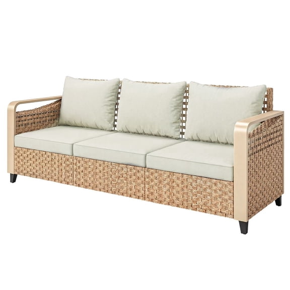 3-Seater Outdoor Patio Sofa PE Rattan Wicker Couch with Cushions Brown Beige