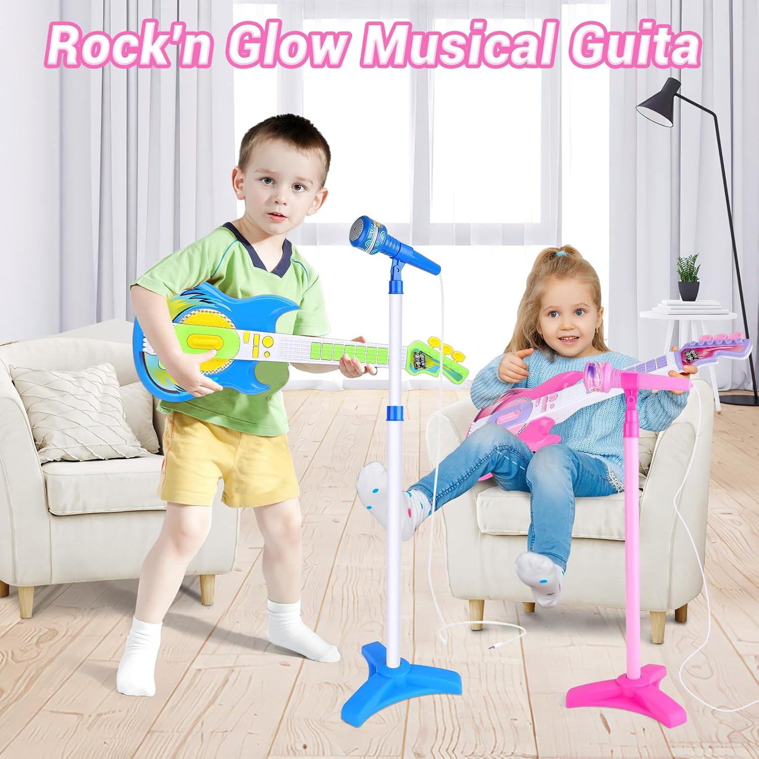 Hinzonek  kid Electric Guitar Kit with Microphone,Guitar Toys with Music&Colorful Light,Adjustable Height Microphone with Stand,Karaoke Toys Gift for Boy,Girls,Toddlers