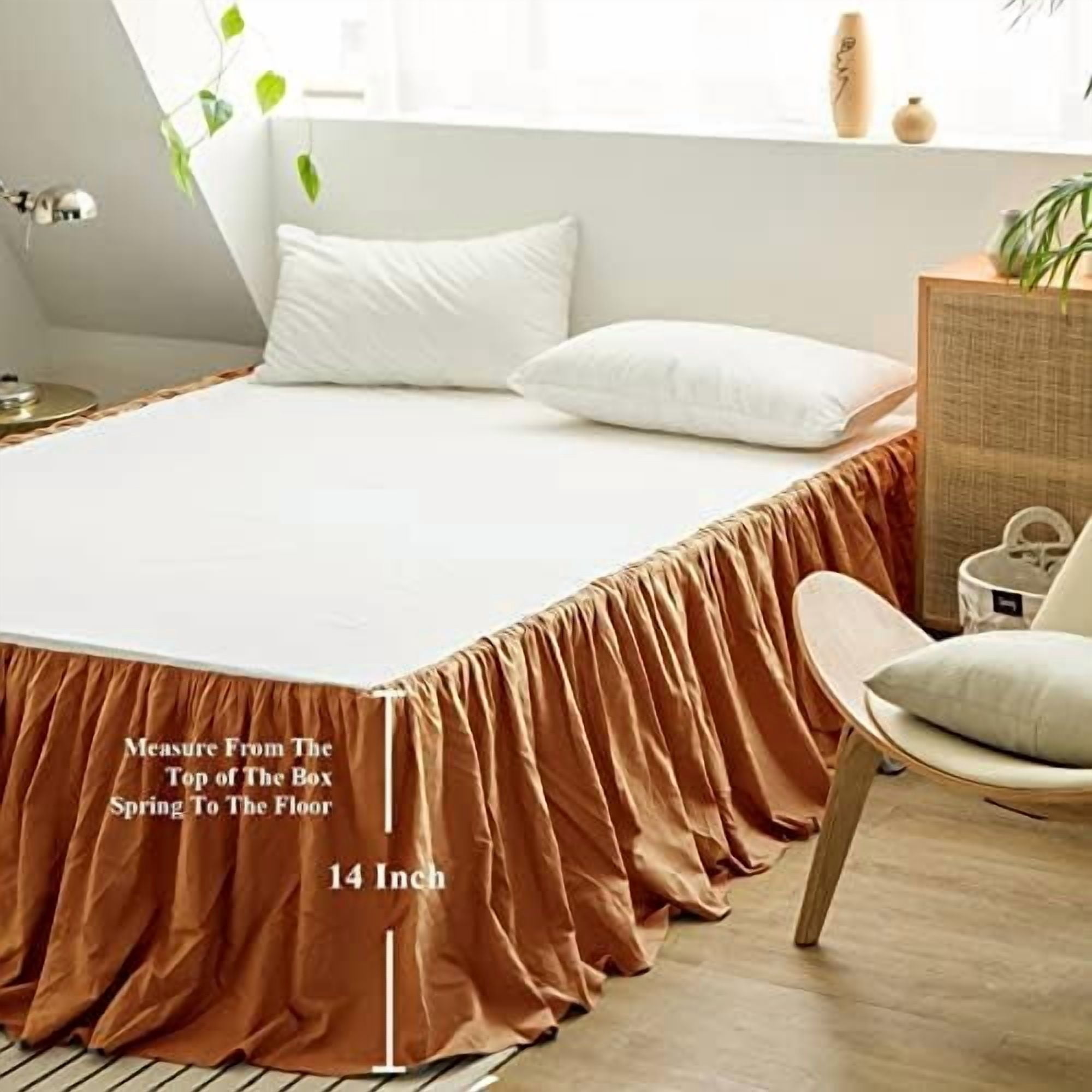 French Linen Bed Skirt with Pleated Frills 14-Inch Tailored Drop Natural Flax Cotton Blend Dust Ruffle Soft Cozy Farmhouse Bedding (14" Twin, Rust)
