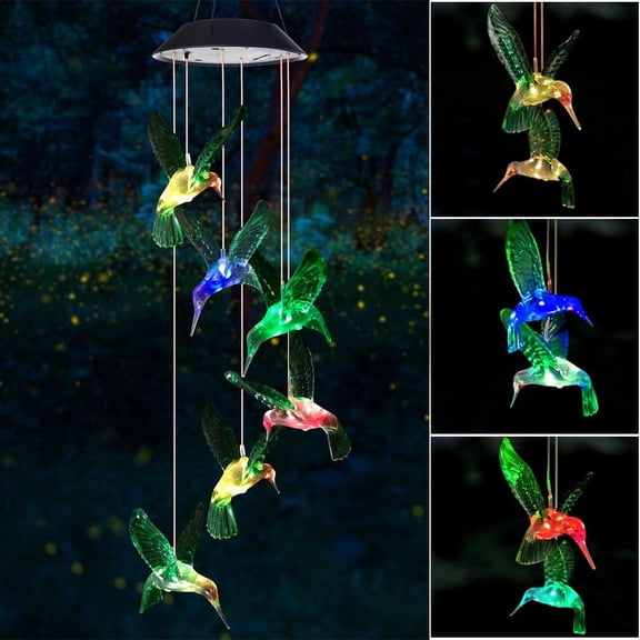 QCQHDU Wind Chimes, Hummingbird Solar Wind Chimes for Outside, Solar Mobile Hanging Wind Chime for Home Garden Decoration, Automatic Light Changing Color (Hummingbird)