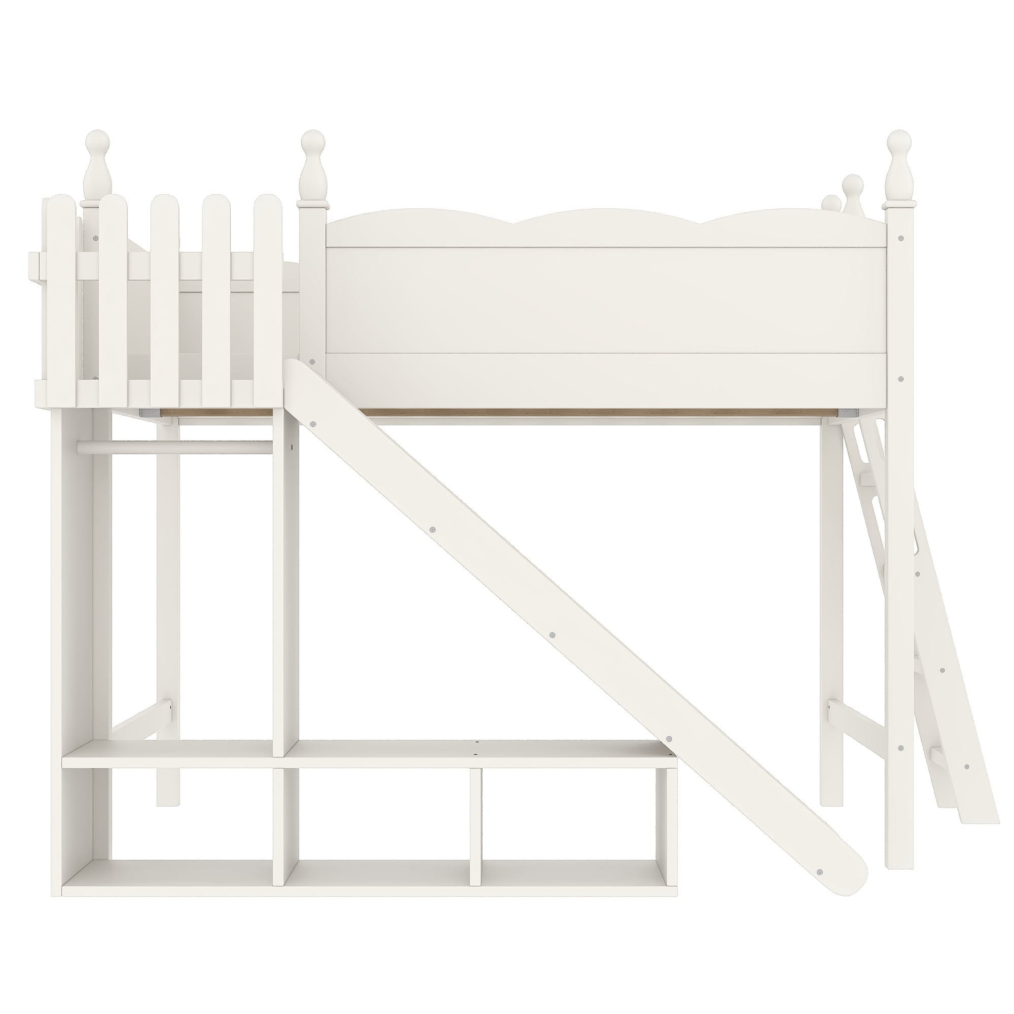 Leumius Full Loft Bed Frame with Storage Shelves and Wardrobe, Solid Wood Loft Bed with Detachable Slide and Ladders for Kids Teens Adults Beige