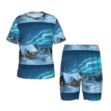 Luyuia Mountain Cottage In Snow Print Girls  2-Piece Tie-Dye Pajama Set  Cute Summer Loungewear with Shirt and Tank Shorts Nightwear-Small