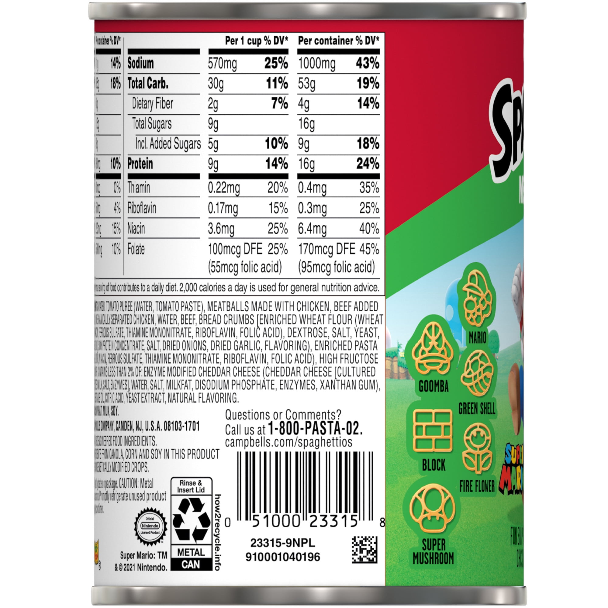 (6 pack) SpaghettiOs Super Mario Bros Canned Pasta with Meatballs, 15.6 oz Can