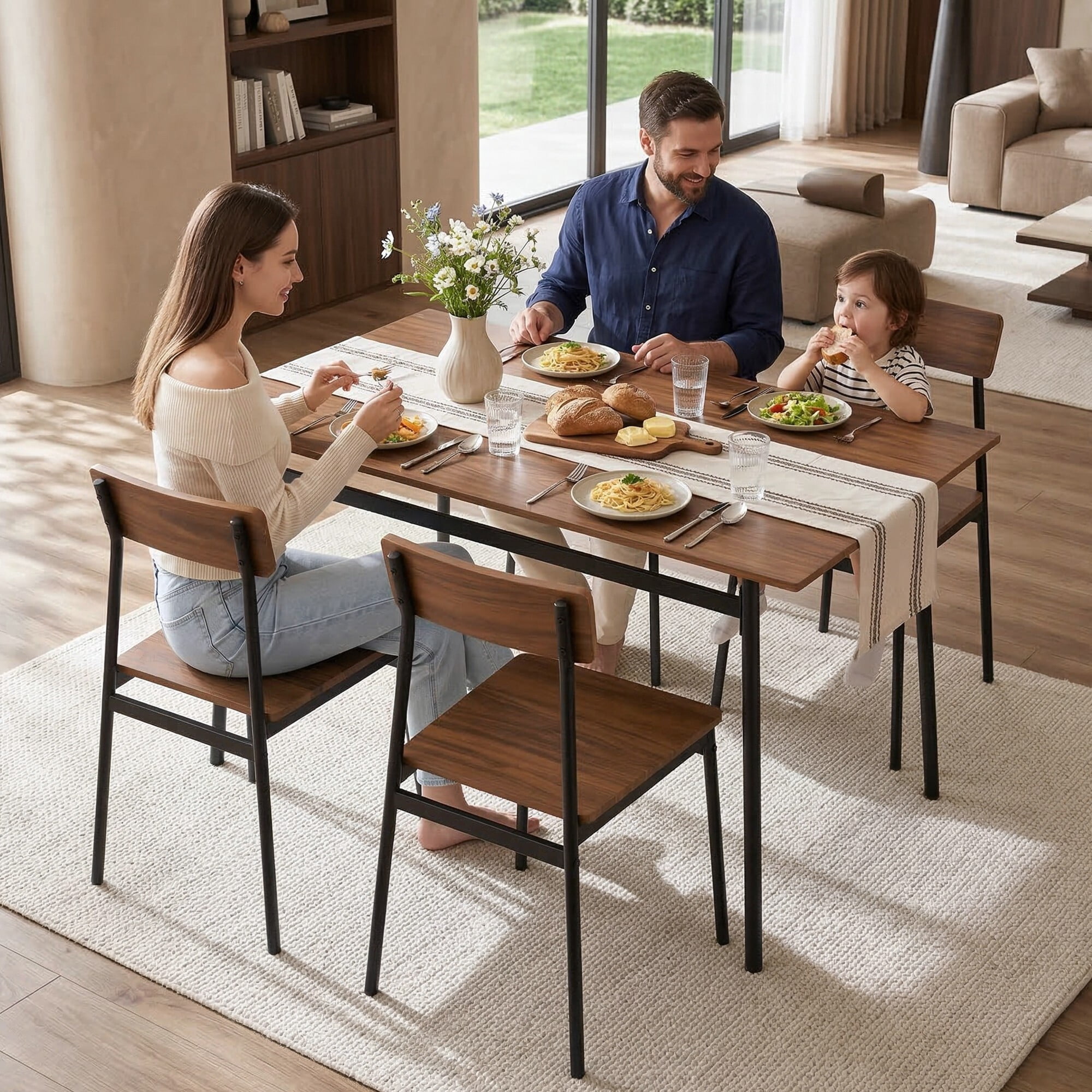 AENKYO 5-Piece Dining Table Set for 4, Walnut Wood Top Kitchen Table with 4 Chairs, Space Saving for Small Spaces