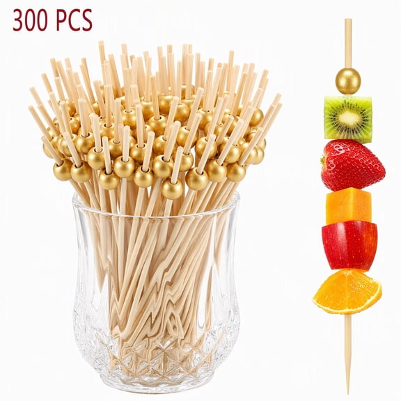 OFEFE 300 Pcs Gold Pearl Cocktail Picks, 4.7 Inch Bamboo Toothpicks for Appetizers, Decorative Food Skewers for Drinks, Charcuterie Board, Wedding Party, Disposable Eco-Friendly Fancy Toothpicks