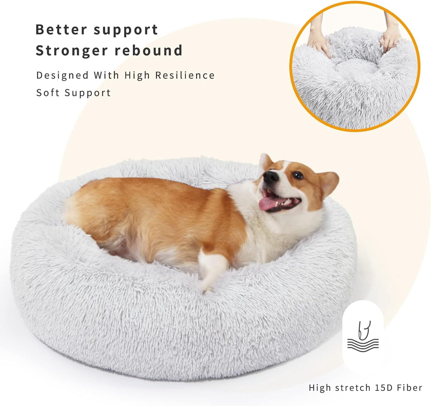 RUseeN Calming Donut Dog Bed, 27.6 inches Round Fluffy Dog Beds for Medium Dogs, Anti-Anxiety Plush Dog Bed, Machine Washable Pet Bed (Light Grey, Medium)
