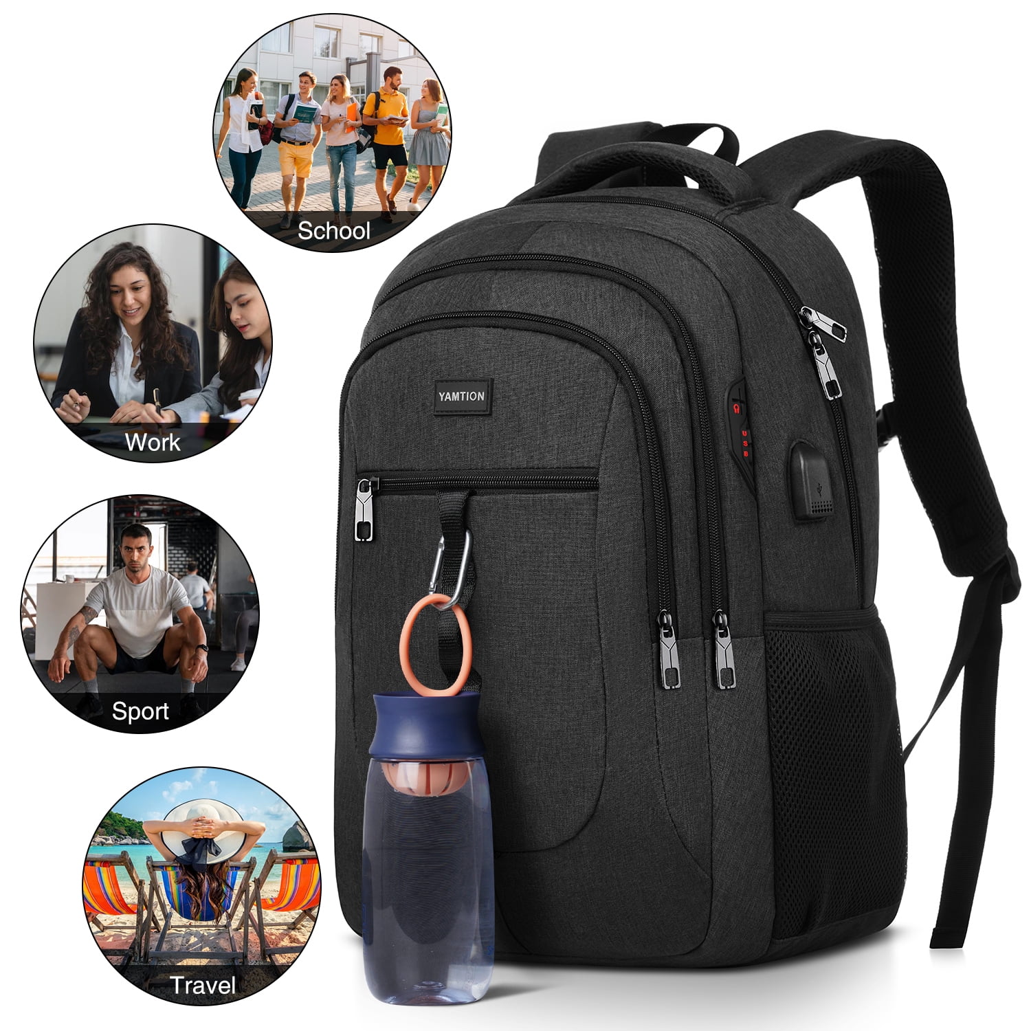 Black Backpack for Men ,School Bookbag for Teen Boys Laptop Backpack with USB for Collge Travel  Work Business