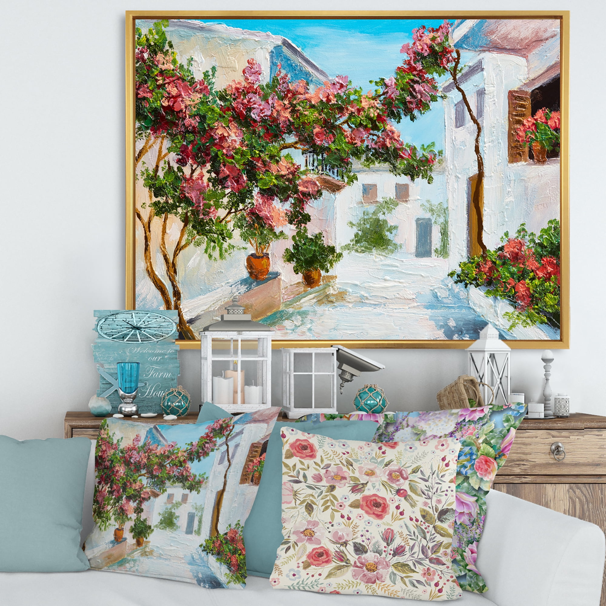 Designart 'Blossoming Flowers With White House Near The Sea' Nautical & Coastal Framed Canvas Wall Art Print