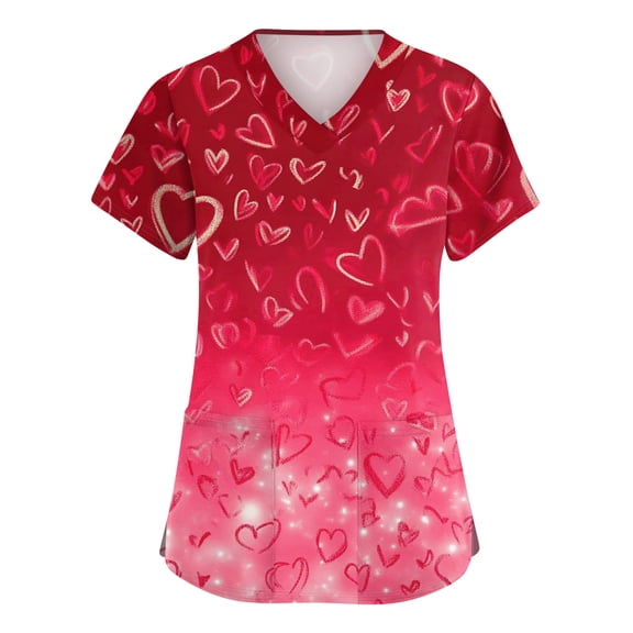 Garbnen S-5XL Valentines Day Scrub Top Short Sleeve V Neck Heart Print Scrubs Women with Pocket Stretch Workwear for Nurses