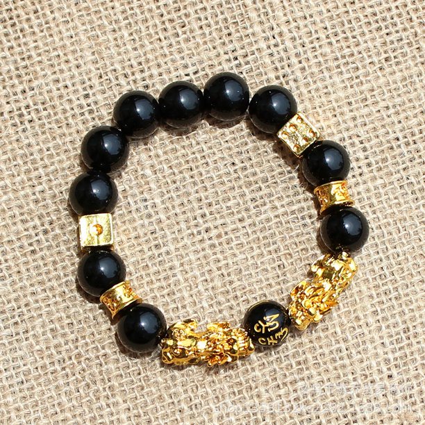 Pulsera de oro Pixiu bañada en oro con imitación de obsidiana y arena de 12 mm, regalo pequeño
