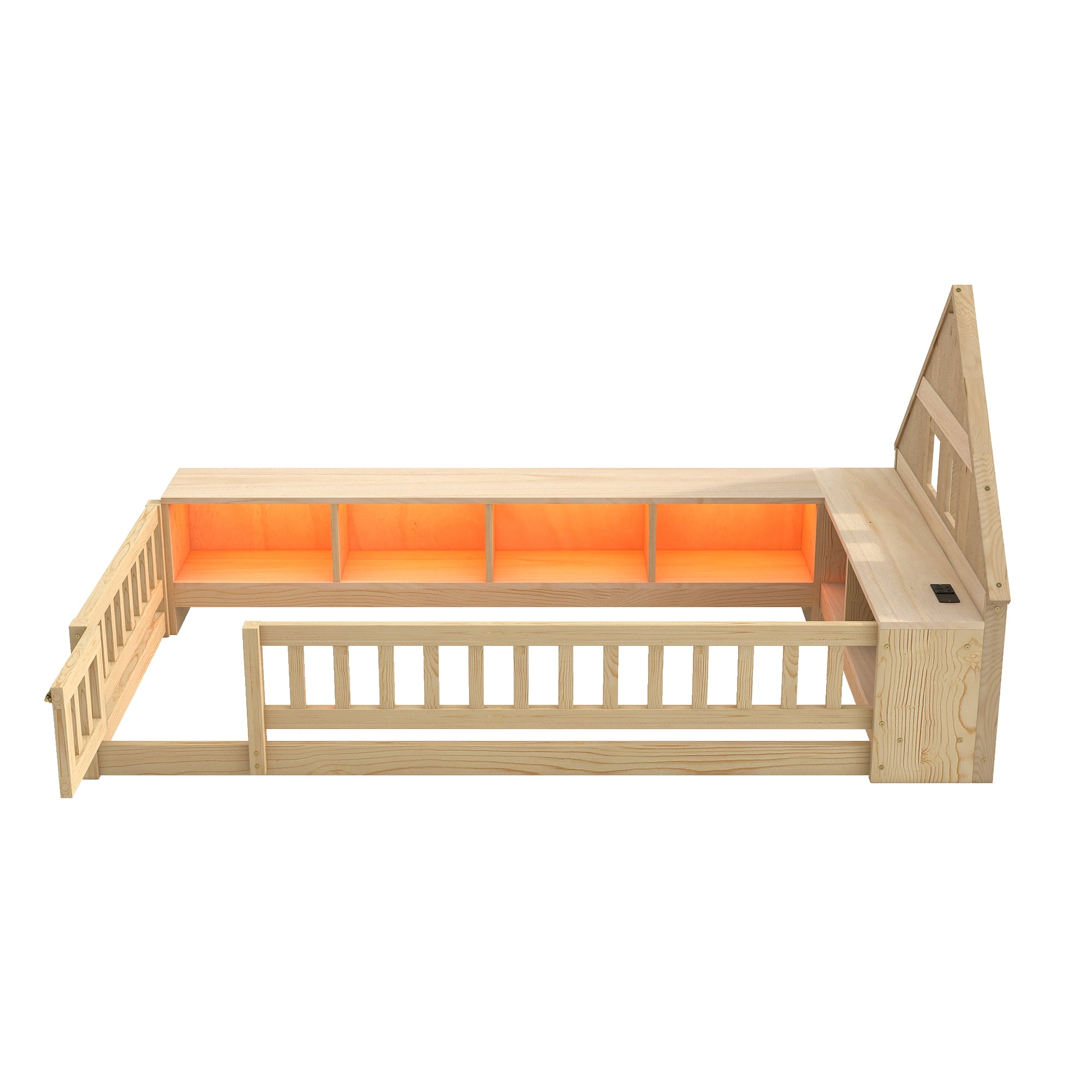 Euroco Wood Twin Size Floor Bed with Storage Shelves and Cabinets, Platform Bed with Guardrails, LED Light and USB Charge, Natural