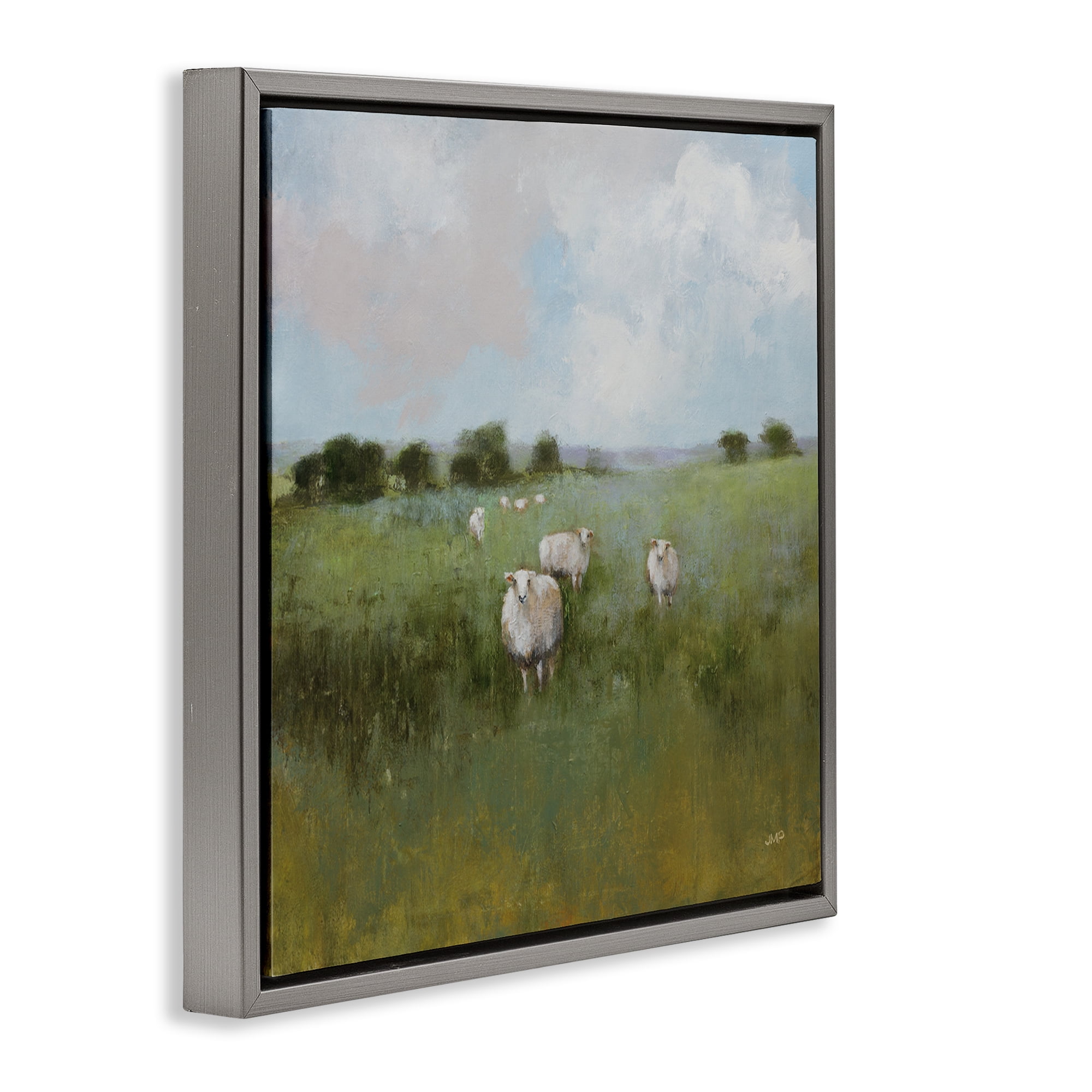 Stupell Industries Quiet Pasture with Sheep Landscape & Nature Painting Gray Floater Framed Canvas Art Print Wall Art, 25 x 25