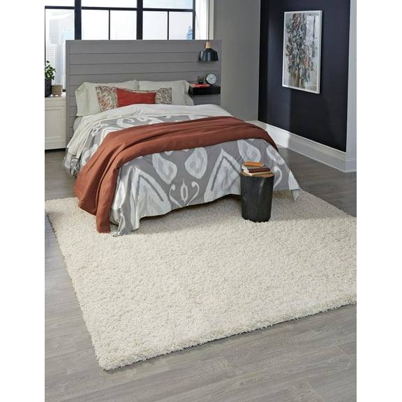 Rugs.com Solid Shag Collection Rug – 8 Ft Square Pure Ivory Shag Rug Perfect For Living Rooms, Kitchens, Entryways